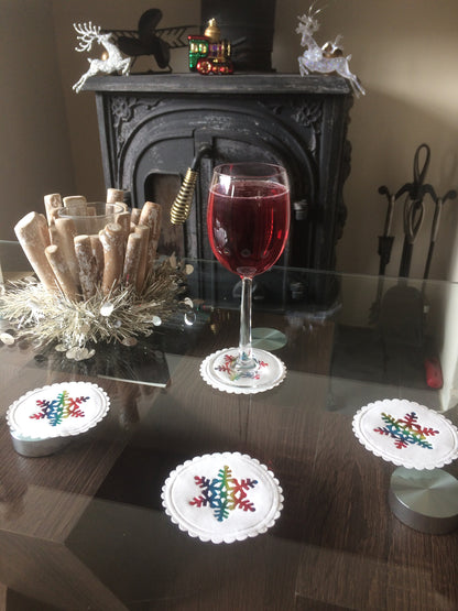 25 x Paper multi ply coasters with rainbow snowflake foil design Christmas tableware idea