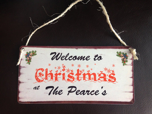 Family Name Christmas Sign / Plaque Personalised Xmas gift for Welcome Home made of metal
