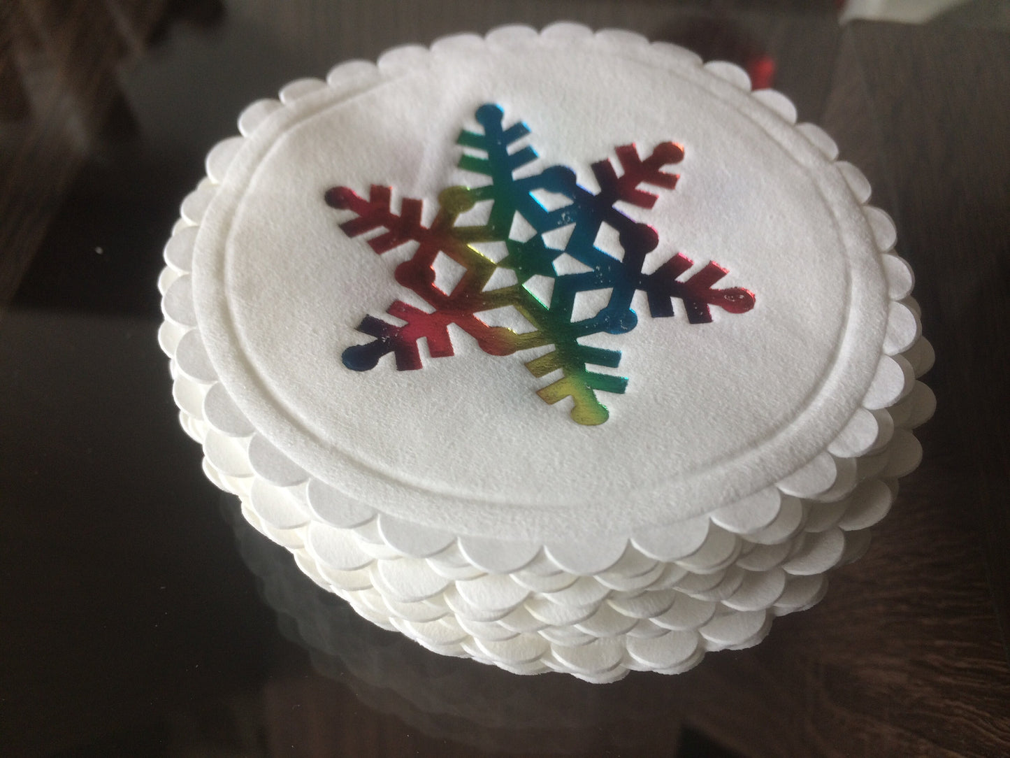 25 x Paper multi ply coasters with rainbow snowflake foil design Christmas tableware idea