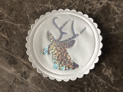 Stags Head Paper Drinks Coasters. Foil Printed Sparkling Silver Design Christmas Tableware