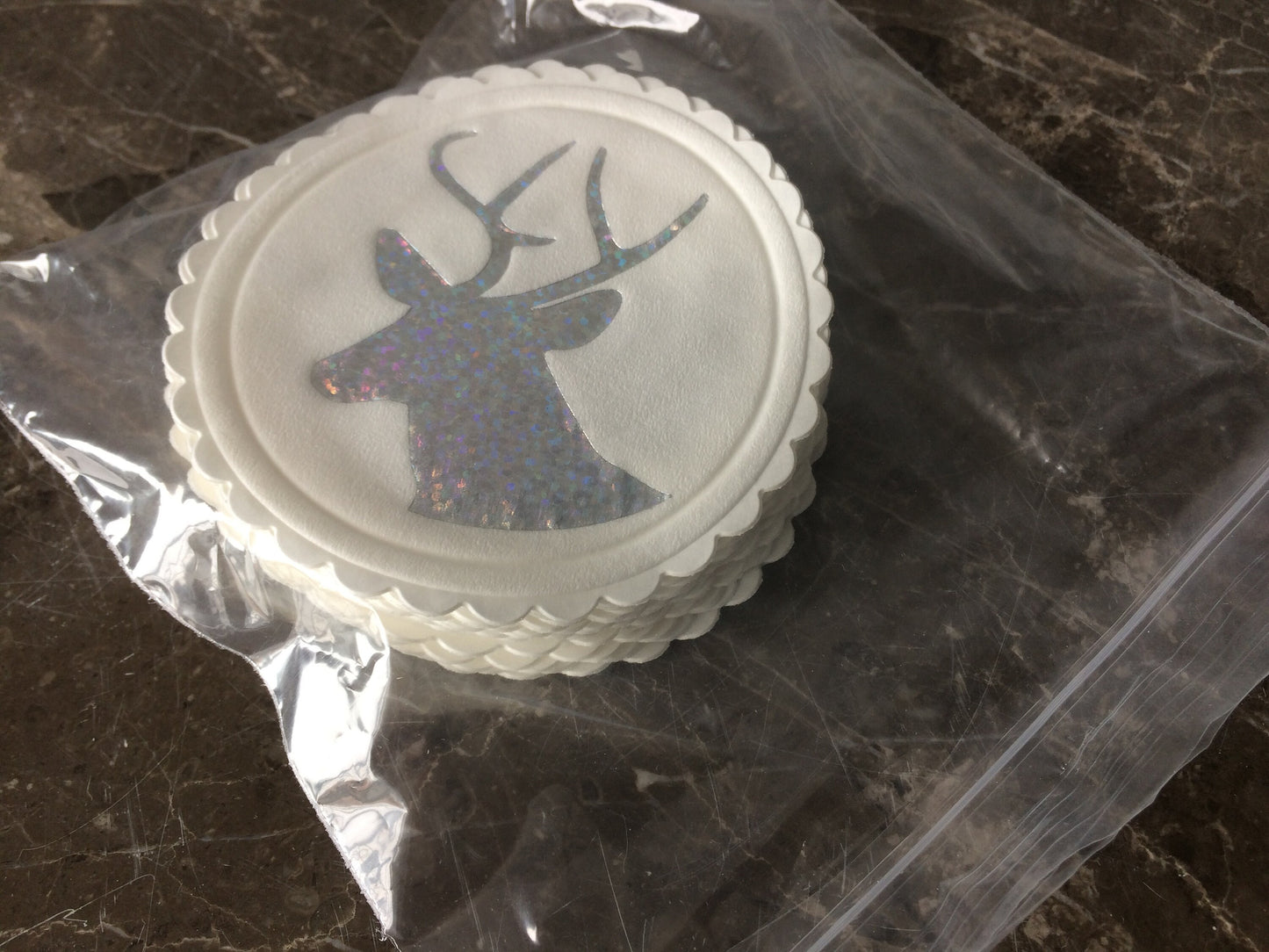 Stags Head Paper Drinks Coasters. Foil Printed Sparkling Silver Design Christmas Tableware