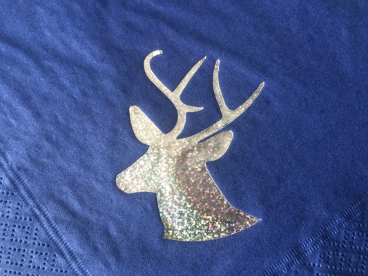 Christmas Party Napkins Serviettes tableware Indigo Blue, Sparkling Silver Stags Head design Quality 3ply