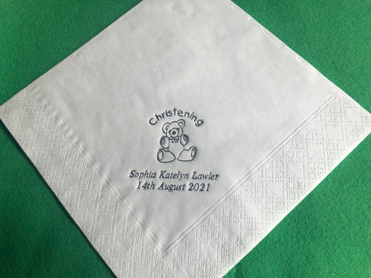 50 x Personalised Christening Napkins / Serviettes with Silver Foiled Teddy Bear Design Quality 3Ply
