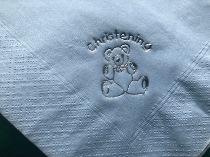 18 x Christening Party Napkins / Serviettes in baby pink or sky blue. Teddy bear design in silver