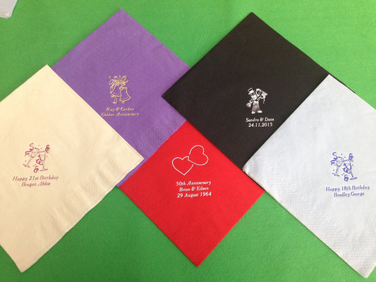 100 Personalised Napkins / Serviettes Quality 3ply Dinner, Wedding, Birthday, Anniversary, Party, Christening