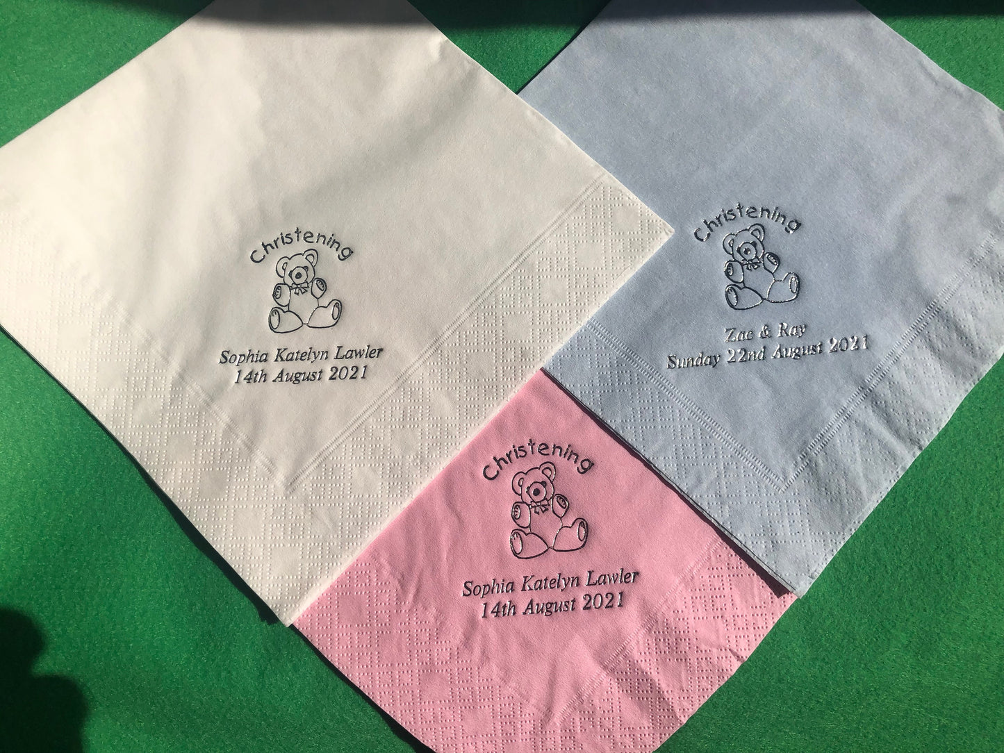 50 x Personalised Christening Napkins / Serviettes with Silver Foiled Teddy Bear Design Quality 3Ply