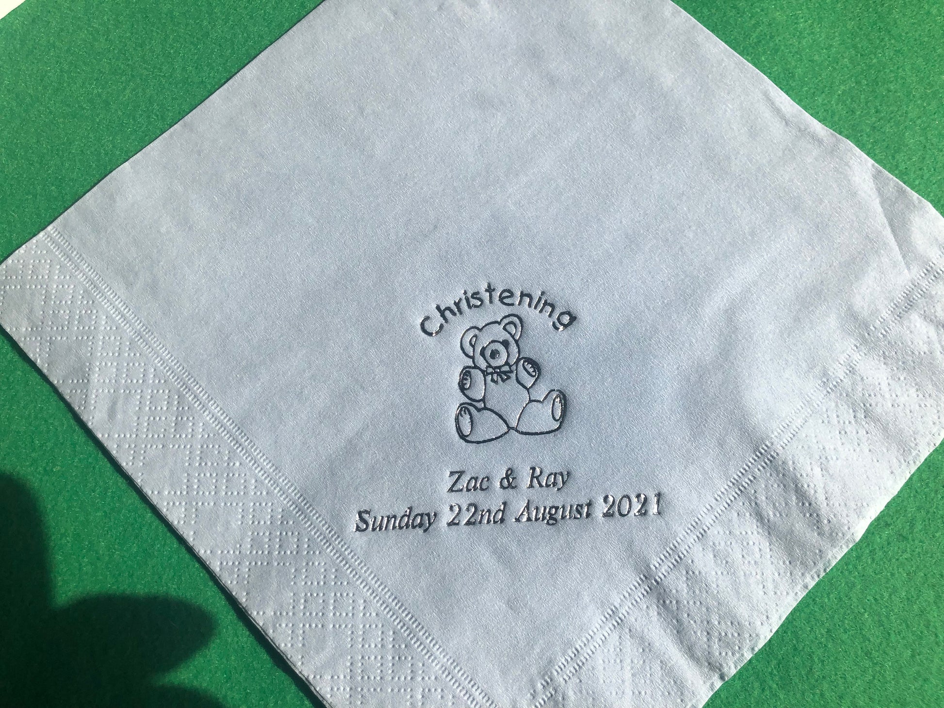 50 x Personalised Christening Napkins / Serviettes with Silver Foiled Teddy Bear Design Quality 3Ply