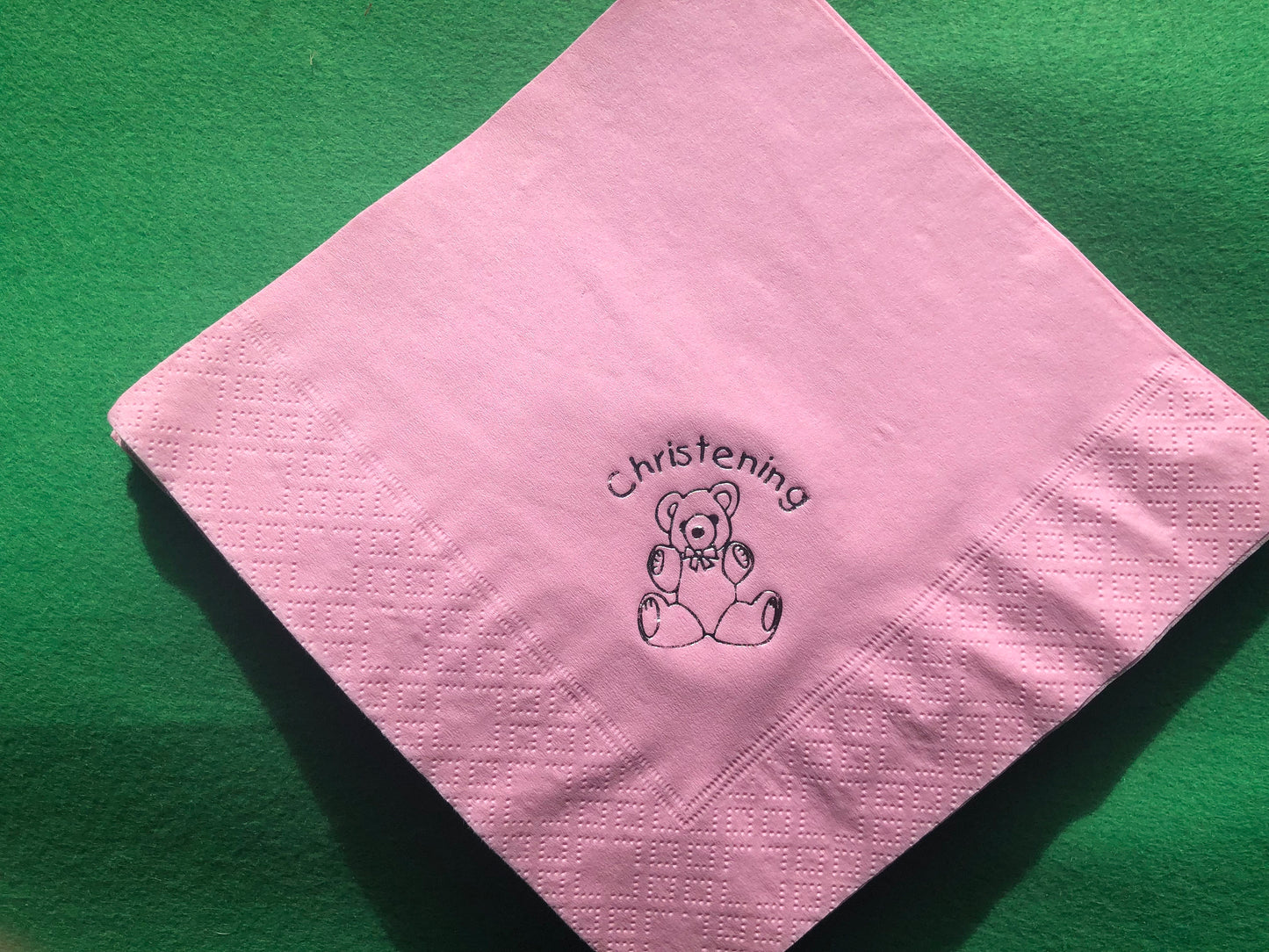 18 x Christening Party Napkins / Serviettes in baby pink or sky blue. Teddy bear design in silver