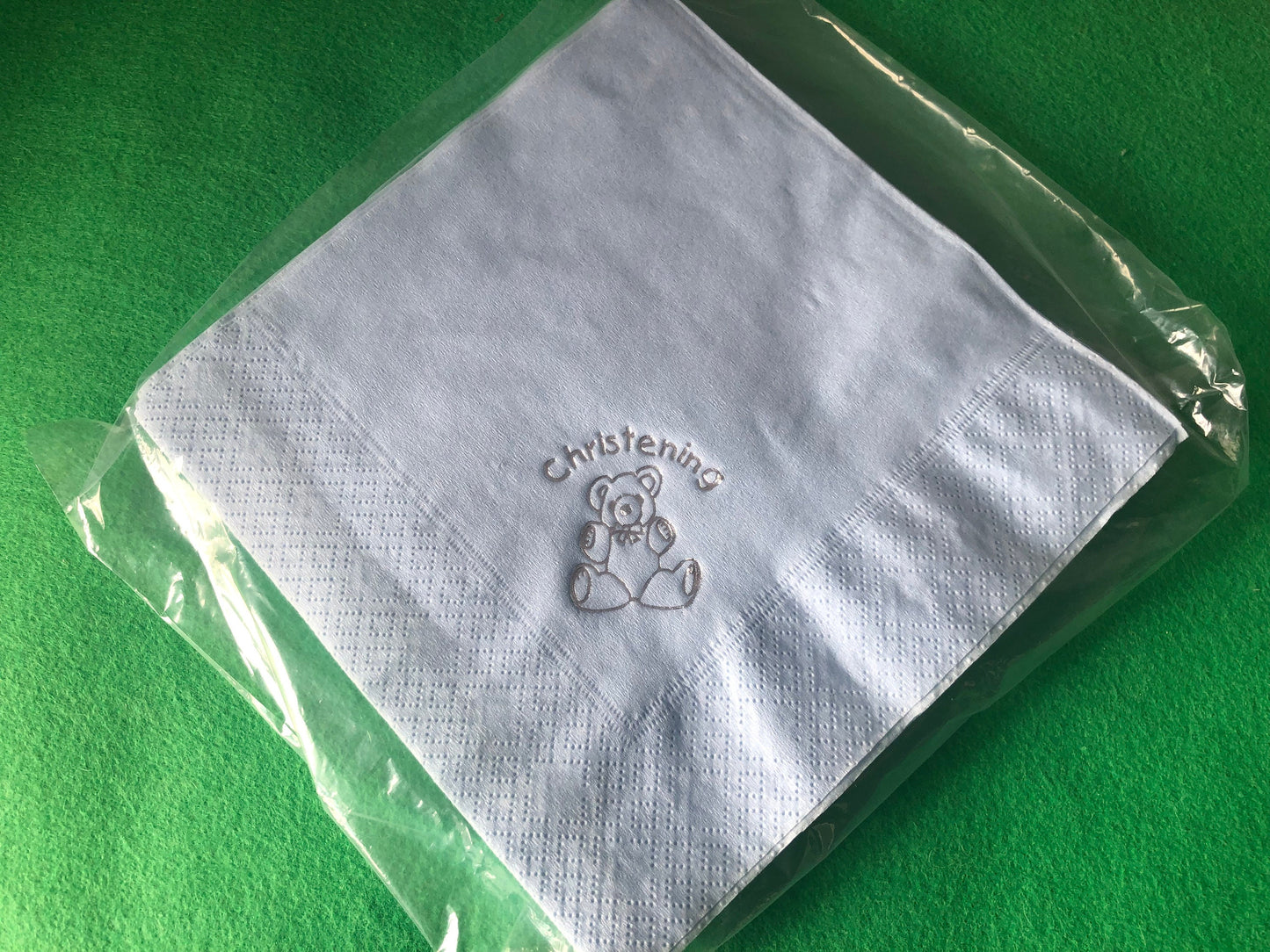 18 x Christening Party Napkins / Serviettes in baby pink or sky blue. Teddy bear design in silver