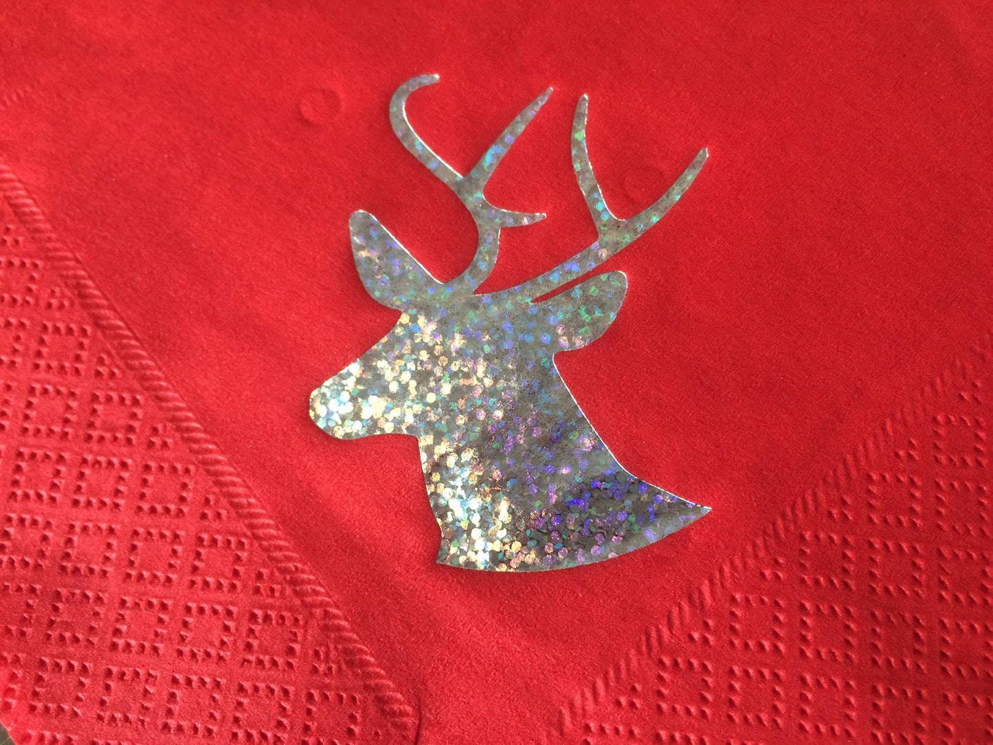 Christmas Party Bright Red 40cm 3ply Dinner Napkins Serviettes with Stags Head / Reindeer Design in Sparkling Silver