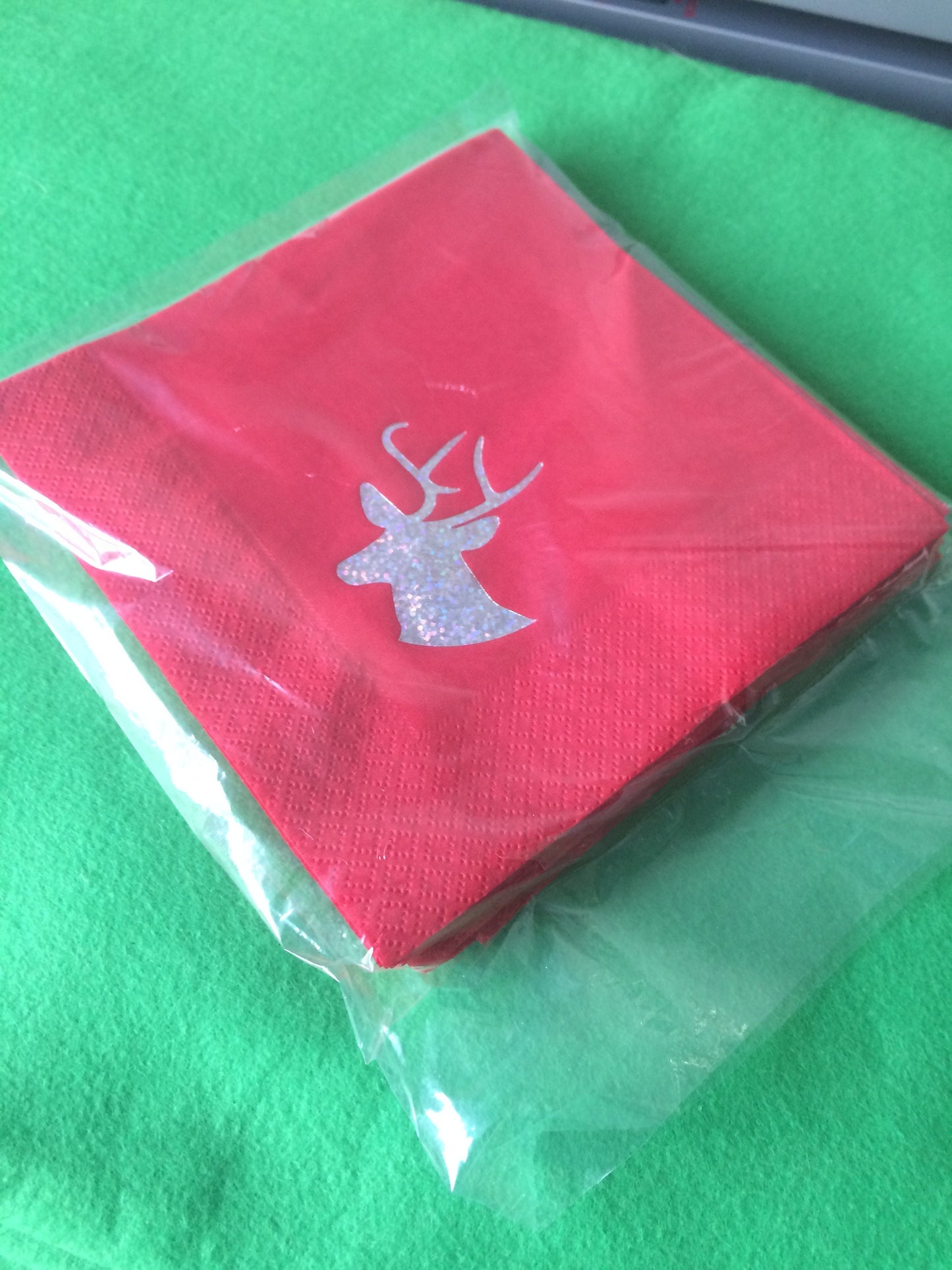 Christmas Party Bright Red 40cm 3ply Dinner Napkins Serviettes with Stags Head / Reindeer Design in Sparkling Silver