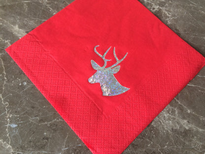 Christmas Party Bright Red 40cm 3ply Dinner Napkins Serviettes with Stags Head / Reindeer Design in Sparkling Silver