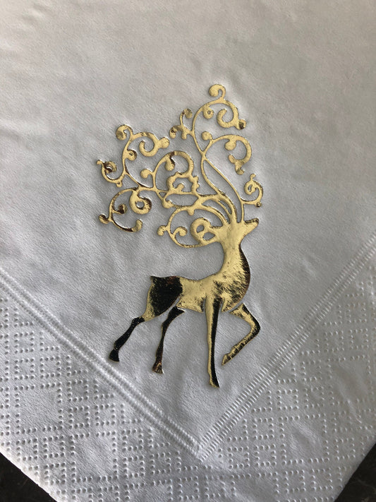 Christmas Gold Reindeer / Stag design on White Luxury 3ply 40cm Napkins Serviettes