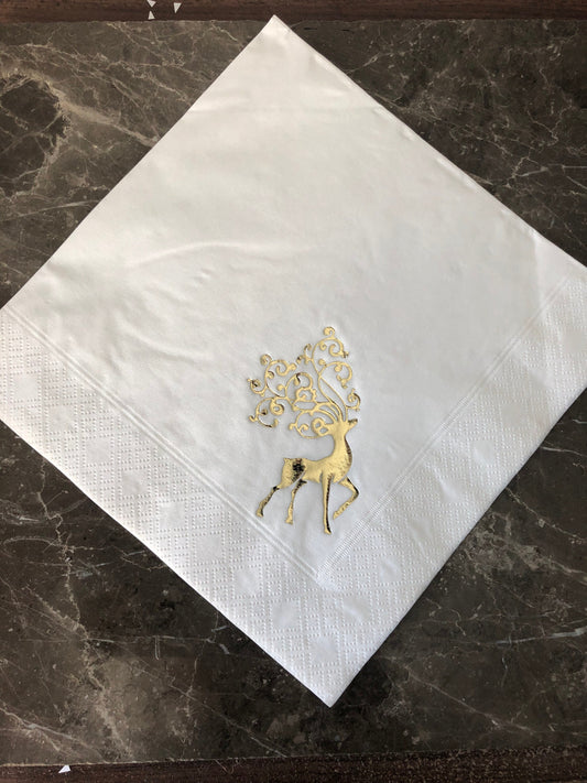 Christmas white quality 3ply 40cm dinner napkins serviettes with shiny gold reindeer stag design