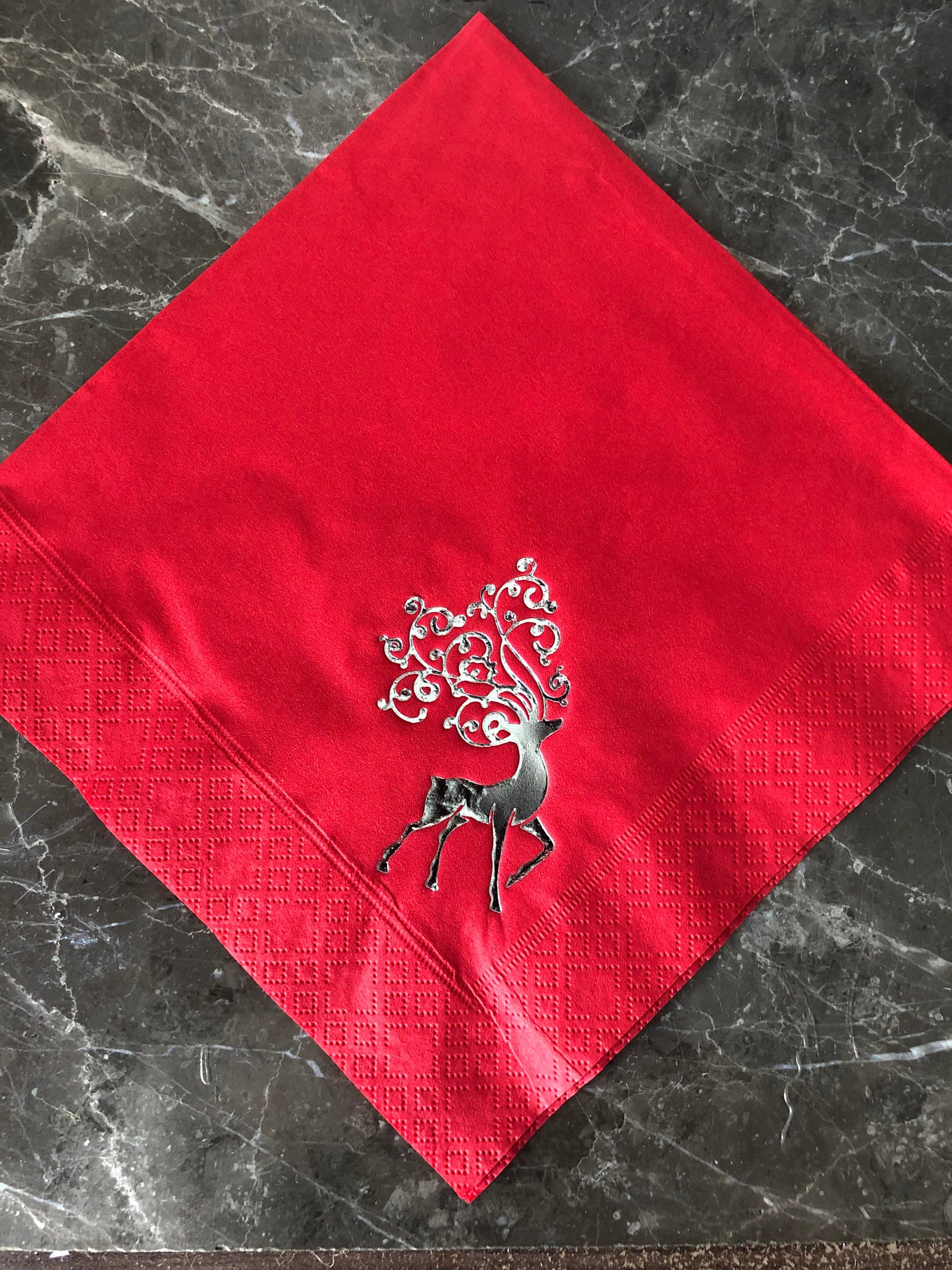 Christmas Bright Red quality 3 ply 40cm dinner napkins serviettes with Reindeer / Stag design in shiny silver