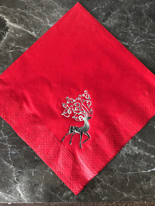 Christmas Bright Red quality 3 ply 40cm dinner napkins serviettes with Reindeer / Stag design in shiny silver