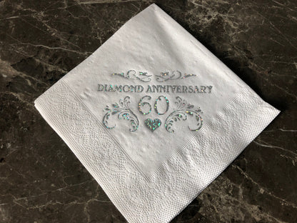 60th Diamond Wedding Anniversary Cocktail Napkins serviettes recycled paper with sparkling foil printed design