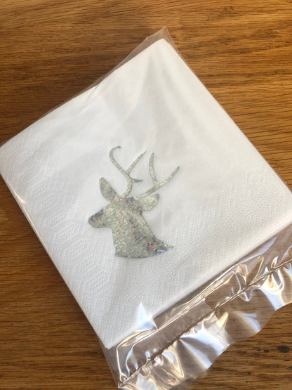 Sparkling Silver Stag Head Printed on White Cocktail Napkins / Serviettes Pack of 20 Christmas Party Tableware Celebrations