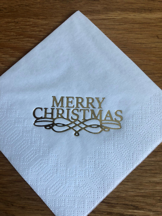Merry Christmas White Cocktail Napkins / Serviettes with Printed design in Red, Gold or Sparkling Silver Pack of 20 Party Drinks