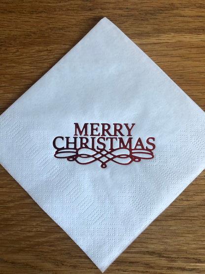 Merry Christmas White Cocktail Napkins / Serviettes with Printed design in Red, Gold or Sparkling Silver Pack of 20 Party Drinks